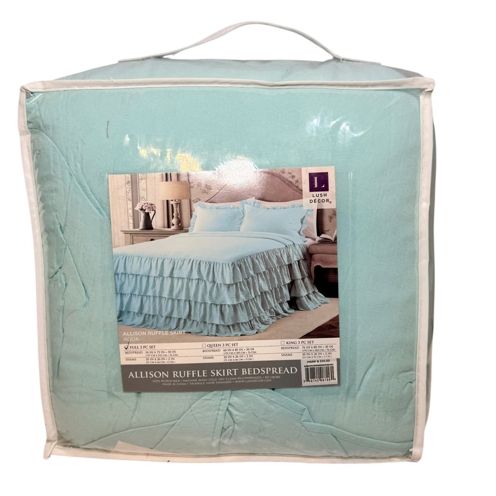 $230 Lush Decor Allison Ruffle Skirt Bedspread‎ Set in Aqua Full Size Romantic